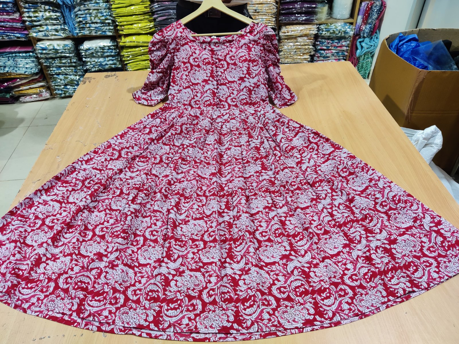 Maroon Printed Cotton Midi Gown Dress